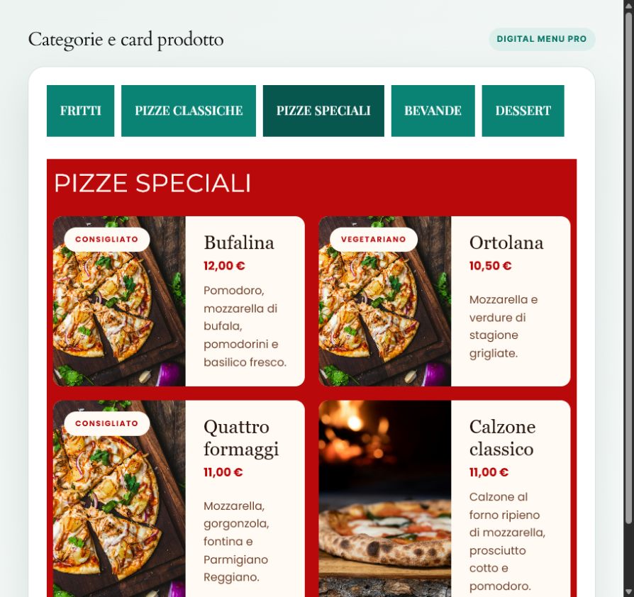 Card prodotto e navigazione di Digital Menu Pro